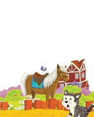 Obraz na płótnie Canvas cartoon scene with cat and horse having fun on the farm on white background - illustration for children