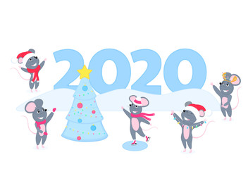 Rats. Funny mice. Gray rodents. New Chinese New Year. Mouses near the huge inscription 2020. Cartoon characters. Merry Christmas