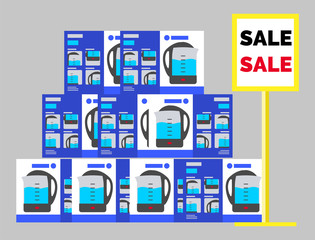 Boxes with new electric kettles at store. Electronics on sale at market. Discounts on kitchen devices and tools. Supermarket with best deals for shoppers. Products in carton, teapots in package vector