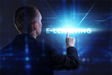 Business, Technology, Internet and network concept. Young businessman working on a virtual screen of the future and sees the inscription: E-learning