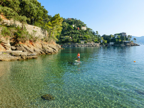 beach known as paraggi near portofino in genoa on a blue sky and sea background