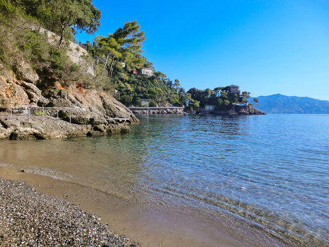 beach known as paraggi near portofino in genoa on a blue sky and sea background