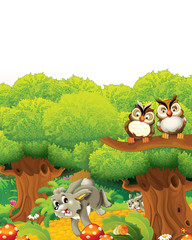 cartoon scene with rabbit on a farm having fun on white background - illustration for children