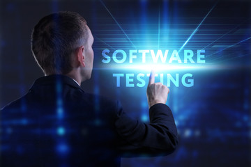 Business, Technology, Internet and network concept. Young businessman working on a virtual screen of the future and sees the inscription: Software testing