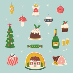 Christmas and New Year set with various of decors, ornaments, festive food and other holidays symbols. Vector flat illustration in retro style.