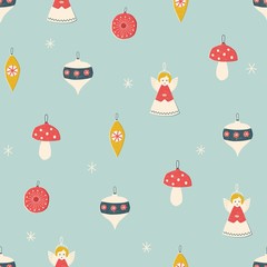 Christmas and New Year vintage seamless pattern with retro balls, vector holiday illustration for fabric, textile, wrapping paper, wallpaper.