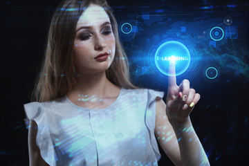Business, Technology, Internet and network concept. Young businessman working on a virtual screen of the future and sees the inscription: E-learning