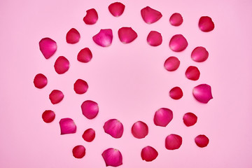 Rose flower petals on pink pastel background, copy space. Spring minimal concept. Greeting card for Womens Day, Mothers Day, Valentine's Day, wedding, birthday. Nature background. Flat lay, top view