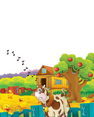Obraz na płótnie Canvas Cartoon farm scene with animal chicken bird having fun on white background with space for text - illustration for children