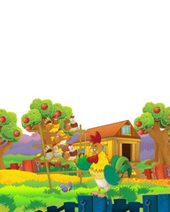 Cartoon farm scene with animal chicken bird having fun on white background with space for text - illustration for children