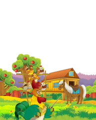 Cartoon farm scene with animal chicken bird having fun on white background with space for text - illustration for children