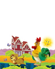 Cartoon farm scene with animal chicken bird having fun on white background with space for text - illustration for children