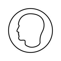 Contour male head graphic icon. Head person linear sign in the circle isolated on white background. Outline profile symbol. Vector illustration