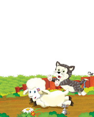 cartoon scene with sheep and cat having fun on the farm on white background - illustration for children