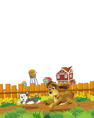 Obraz na płótnie Canvas cartoon scene with dog having fun on the farm on white background - illustration for children
