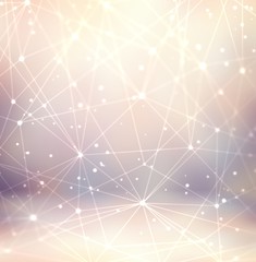 3d magical techno network shape texture. Beige lilac pastel blur background. Abstract light wonderful illustration. Connecting futuristic system. Flares interactive effect.