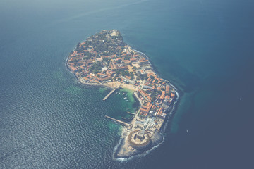 Aerial view of Goree Island. Gorée. Dakar, Senegal. Africa. Photo made by drone from above. UNESCO...