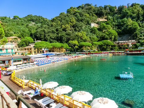 beach known as paraggi near portofino in genoa on a blue sky and sea background