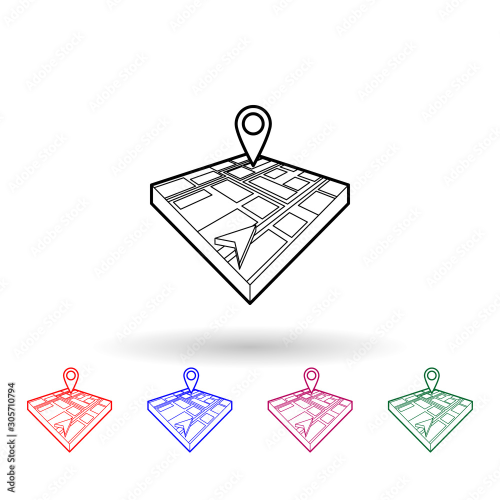 Poster cursor and pin on 3d map multi color icon. simple thin line, outline vector of navigation icons for 