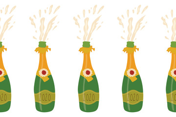 Champagne bottles seamless vector border. Repeating party background with exploding sparkling bottles. Party banner. Use for elegant, exclusive party invitation, cards, poster