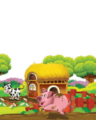 Naklejka premium cartoon scene with pig and cow on a farm having fun on white background - illustration for children