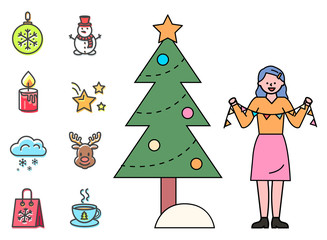 Christmas preparation vector, isolated set of xmas icons in flat style. Woman with garland by fir. Bauble with snowflake ornament, snowman and candle with fire. Stars and deer image, cup of hot tea