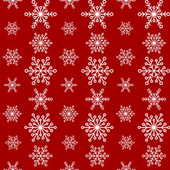Winter seamless pattern with lines of white snowflakes on red background.