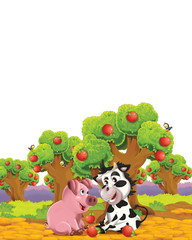 Obraz na płótnie Canvas cartoon scene with pig and cow on a farm having fun on white background - illustration for children