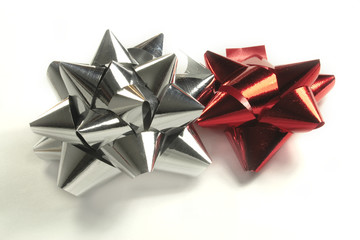 silver and red foil bows
