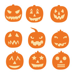 Set of simple orange Halloween pumpkins silhouettes, expression different