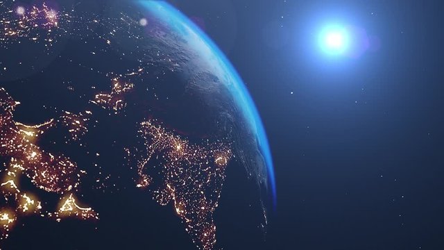 Beautiful sunrise world skyline. Planet earth from space. Planet earth rotating animation. Clip contains space, planet, galaxy, stars, cosmos, sea, earth, sunset, globe. 4k. Images from NASA