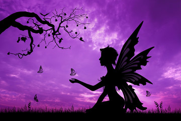 illustration of fairy silhouette at sunset
