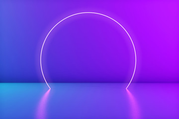 Glowing neon circle in the room. Stage for product or text. Trendy colors. 3d rendering. Copy space