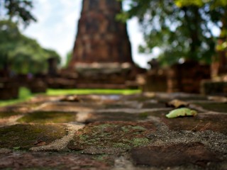The moss of old brick with blur ruin background in the Ayutthaya, Thailand