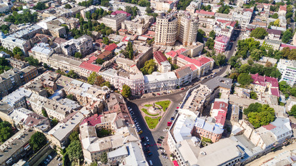 Fototapeta premium Top view of the center of the historical part of Odessa and the Odessa sea port on a sunny day