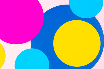 Texture background of fashion papers in memphis geometry style. Yellow, blue, magenta, pink colors. Top view, flat lay