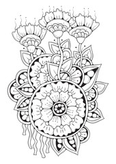 Coloring book page for adult and older children. Black and white abstract floral pattern. Design for meditation. The image can be used in design and printing on fabric