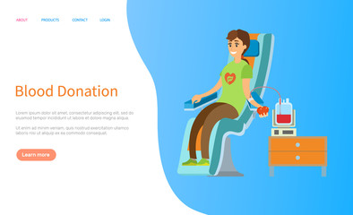 Blood donation, smiling volunteer sitting in armchair with needle in arm, transfuse element, human in hospital, illness treatment, healthy vector. Website or slider app, landing page flat style
