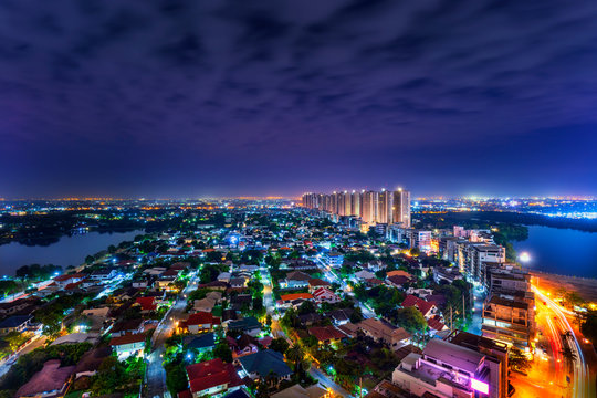 City Scape. Photos from the night sky view Lake Muang Thong Thani. Nonthaburi Province. Thailand. 26 November 2019