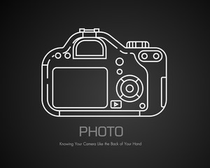 Modern camera in doodle style. Vector In the black background