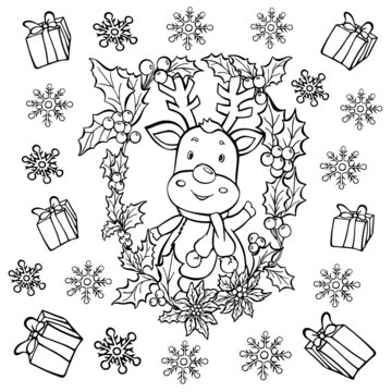 coloring page deer christmas wreath berries outline black and white illustration vector new year picture