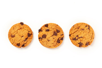 Chocolate chip cookies, gluten free, shot from the top on a white background