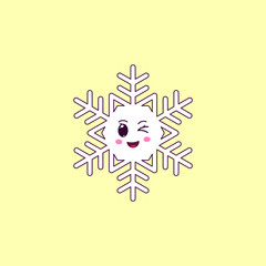 Cartoon Kawaii Snowflake with Winking Face. Cute white Snowflake for Frosty winter season