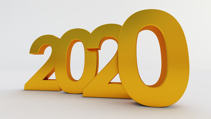 3D rendering of Happy New Year 2020, golden 2020 Year Number Text on White Background