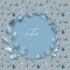  Blue and gray background template for invitations and cards. Watercolor floral frame of leaves.