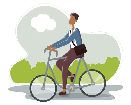 African American Businessman riding bicycle to office. Eco friendly trendy city bike to work. Vector flat illustration.