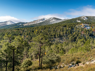 Landscape of the Sierra de Guadarrama of Madrid. Snowy autumn.