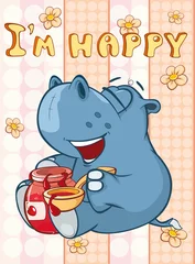 Fototapeten Happy Birthday Card Cute Cartoon Character Hippo . Vector Greeting Card. Happy Moment. Congratulation © liusa