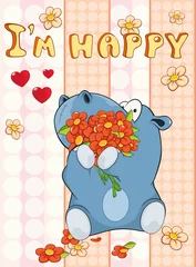 Fototapeten Alles Gute zum Geburtstagskarte Netter Cartoon-Charakter-Flusspferd. Vektor-Gruß-Karte. Glücklicher Moment. Herzlichen Glückwunsch © liusa