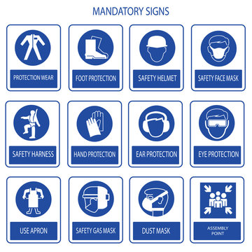 mandatory signs, construction health, safety sign used in industrial applications (safety helmet, ear protection, eye protection, foot protection, protection suite,nose cover,harness/belt,mask,apron)